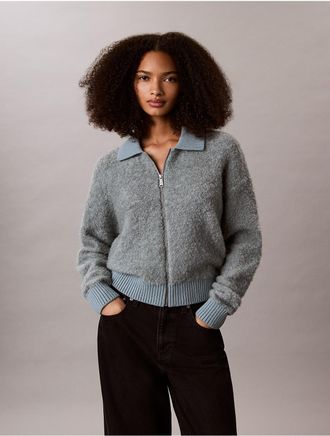 Calvin Klein Womens Relaxed Boucle Zip Sweater - Grey - XL