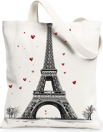 Generic Romantic Paris Tower Canvas Tote Bags, Heart Pattern Stylish Reusable Grocery Bags, Lightweight Washable Shoulder Strap for Shopping Travel Beach 13x1