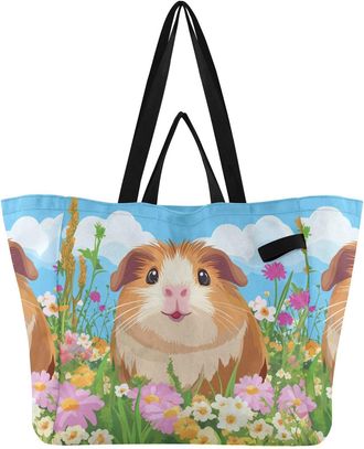 Generic Flower Brown Animals print Reusable Canvas Tote Bag, Heavy Duty Grocery Shopping Bag with Double Handles Hard Bottom Large Capacity Work Groceries Tra