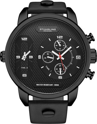 St&uuml;hrling Mens Global GMT 4052 Japanese Quartz 52mm - Black Stainless Steel - One Size