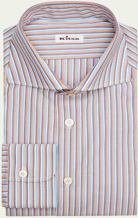 Kiton Mens Cotton Multicolor Stripe Spread-Collar Dress Shirt