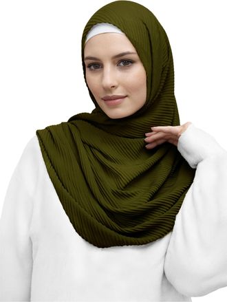 Lina & Lily Premium Cotton Pleated Hijab for Muslim Women, Maxi Head Scarf Shawl Wrap Lightweight (Dark Olive)