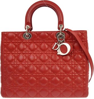 Dior Lady Dior Cannage Quilt Lambskin Red Leather Handbag (Pre-Owned)