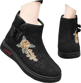 Generic 2026 Winter Ankle Boots Slip On Embroidered Shoes Casual Warm Fleece Lined Non Outdoor Comfortable Footwear (Black, 4.5)