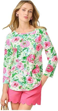 Lilly Pulitzer Key West 3/4 Sleeve Top Womens Clothing Poppy Party : XXS, Cotton/Modal/Spandex