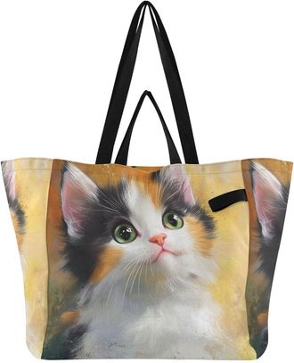 Generic Yellow Black Cat pattern Reusable Canvas Tote Bag, Heavy Duty Grocery Shopping Bag with Double Handles Large Capacity Hard Bottom Work Groceries Trave