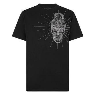 Philipp Plein Tops, Heren, Zwart, S, Katoen, Round Neck T-Shirt Skull Stones