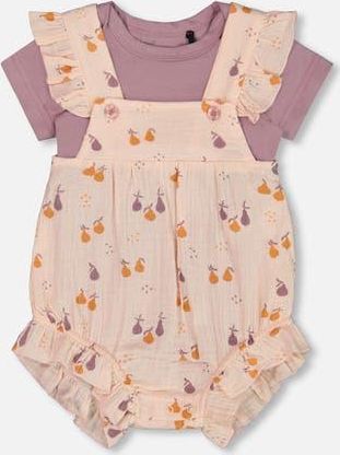 Deux par Deux Baby Girls Printed Muslin Shortall And Organic Cotton Bodysuit Set Peach With Pears in Peach With Pears Print at Nordstrom, Size 12M