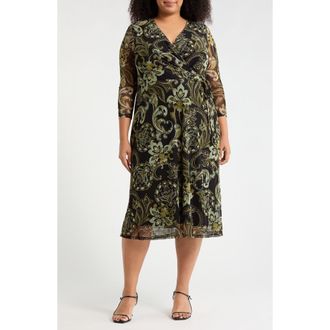 Connected Paisley Mesh Faux Wrap Midi Dress in Olive at Nordstrom Rack, Size 16W