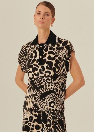Exquise Brinley Abstract Print Sleeveless Shirt Collar Blouse in Black at Nordstrom, Size Medium