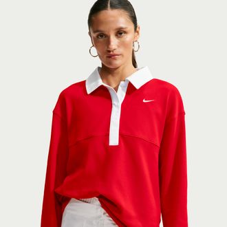 Nike Womens Nike Sportswear Oversized Long-Sleeve Polo in Red | IF0357-657