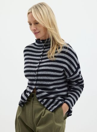 Contemporaine Womens Striped funnel neck Cardigan Sweater