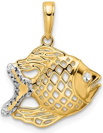 Diamond2Deal 14k Yellow Gold and White Rhodium Diamond-Cut Fish Pendant