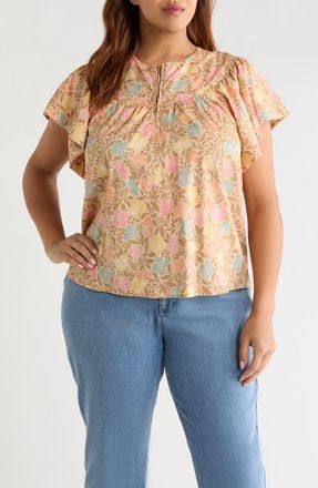 Wit & Wisdom Floral Flutter Sleeve Quarter Zip Top in Golden Sugar Multi at Nordstrom, Size 1X
