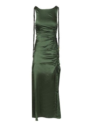 Ganni Satin Ruffled Dress Abiti Verde-Donna
