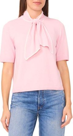 CeCe by Cynthia Steffe Tipped Tie Neck Sweater in Charming Pink at Nordstrom, Size Medium