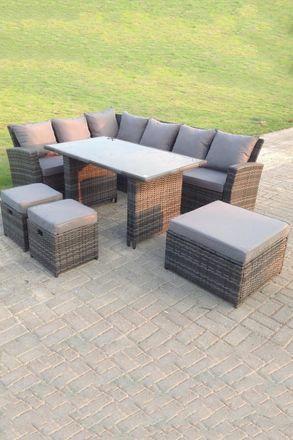 Fimous 9 Seater High Back Rattan Set Corner Sofa With Black Tempered Dining Table 3 Footstools in Dark Grey