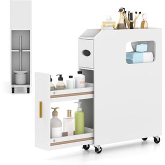 Costway Credenza da Bagno Piccolo, Mobile Salvaspazio Stretto e Slim con Cassetto Scorrevole, Porta Fazzoletti, Portascopino e Ruote Bloccabile