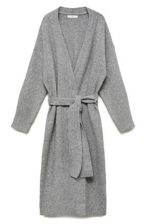 Mango Longline Tie Belt Cardigan in Grey at Nordstrom, Size Medium