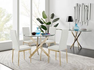 Furniturebox Novara 100cm Round Tempered Glass Dining Table with Gold Legs & 4 Milan Faux Leather Chairs in White