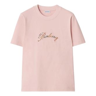 Burberry T-Shirts, female, Pink, Size: XS Check Cursive Logo Cotton T-shirt