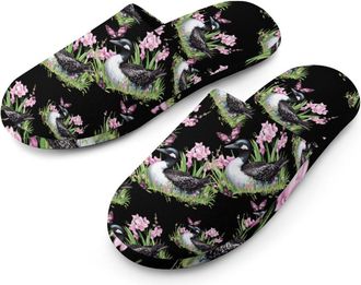 Generic Bird Flower Butterfly Flannel Mens Slip-on Slippers Winter Warm House Shoes with Rubber Sole for Home Hotel