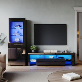 Elegant Lighting High Gloss 1600mm tv Stand Cabinet Sideboard Display Cabinet with rgb led Lights Storage Unit Black Living Room Set 2 - Elegant