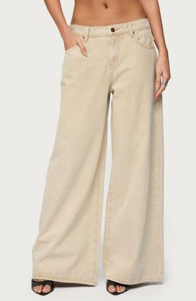 Edikted Button Strap Low Rise Baggy Wide Leg Jeans in Beige at Nordstrom, Size X-Small