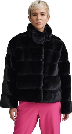 NVLT Womens Wide Stripe Faux Fur Jacket