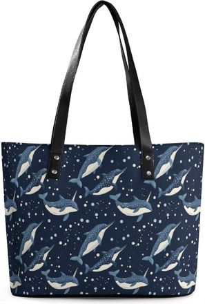 Generic Whales Orcas Narwhals On Navy Tote Bags for Women Cute Shoulder Purses Handbags