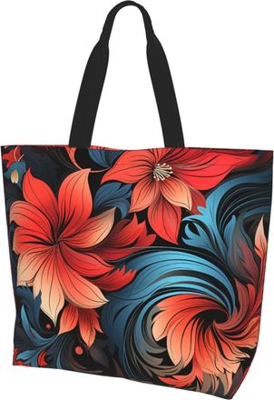 Generic Red Flower Pattern Shoulder Bag Foldable Carry Bag Handle Shoulder Bags For Picnic Camping Beach