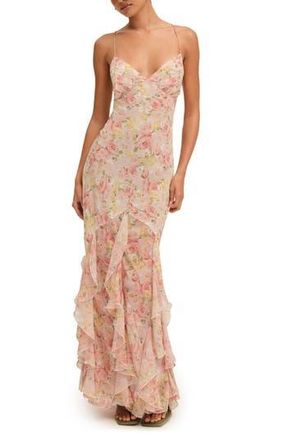 For Love & Lemons Elea Floral Ruffle Open Back Maxi Cocktail Dress in Peach at Nordstrom Rack, Size Medium
