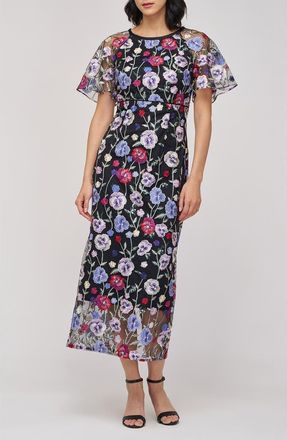 JS Collections Embroidered Floral Mesh Cocktail Dress in Black/Multi at Nordstrom, Size 12