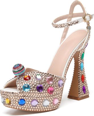 Minitoo Womens Platform Wedding Shoes Slingback High Heel Party Evening Sandals with Decoration LH151 Champagne UK 8