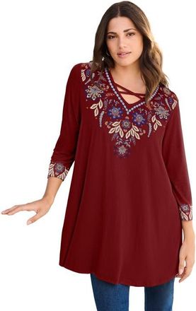 Roaman's Criss Cross Ultra Drape Swing Tunic in Burgundy Neckline Flowers at Nordstrom, Size 32
