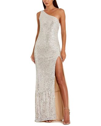 Mac Duggal Sequined One Shoulder Draped Back Gown