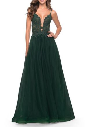 La Femme Tulle A-Line Gown with Lace Rhinestone Bodice in Dark Emerald at Nordstrom, Size 14