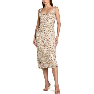Mac Duggal Sleeveless Mesh Paillette Beaded Fitted Midi Dress in Oyster at Nordstrom, Size 12