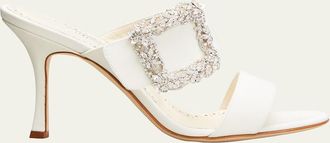 Manolo Blahnik Gable Silk Crystal Buckle Slide Sandals, Cream