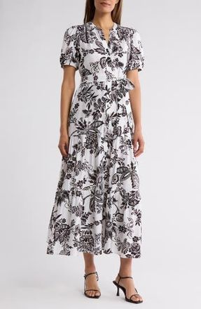 Halogen Paisley Puff Sleeve Tiered Maxi Shirtdress in Rich Black 060 at Nordstrom Rack, Size Large