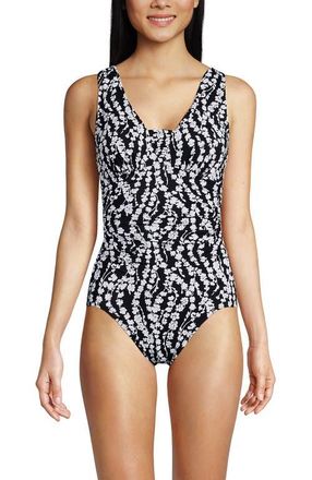 Lands End SlenderSuit Grecian Low Leg One Piece Swimsuit in Black/white Vine Floral at Nordstrom, Size 6