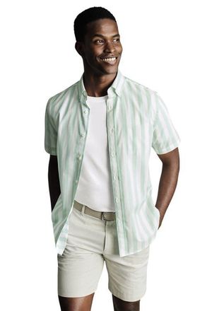 CHARLES TYRWHITT Non-Iron Stretch Poplin Slub Short Sleeve Shirt in Aqua Green at Nordstrom, Size X-Large