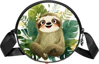 Generic Circle Crossbody Bag for Women, Tropical Green Leaves Sloth Small Sling Bag Daypack with Zipper Adjustable Shoulder Straps Casual Ladies Girls Round P