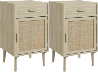 HOMCOM Homcom - Juego De 2 Mesitas De Noche Mesillas De Noche Mesitas Auxiliares Con Caj&oacute;n De Rat&aacute;n Y Estante Ajustable Para Dormitorio Sal&oacute;n 40x40x68,5 Cm