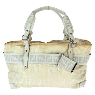 Fendi Off-White Nylon Leather Handbag Tote Bag (Pre-Owned)