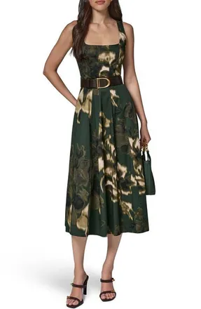 DKNY Printed Belted Fit & Flare Midi Dress in Black Fore at Nordstrom, Size 16