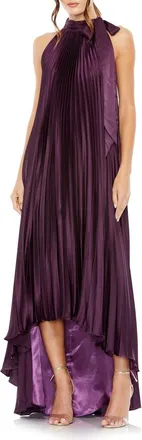 Mac Duggal Pleated Halter Neck High Low Gown in Plum at Nordstrom, Size 18