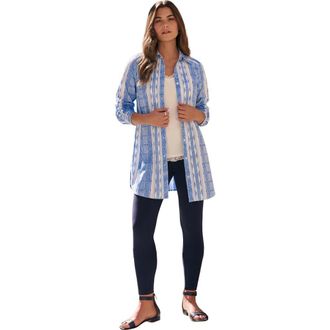 Roaman's Kate Long-Sleeve Crisp Cotton-Blend Button-Front Tunic in Dark Sapphire at Nordstrom, Size 30