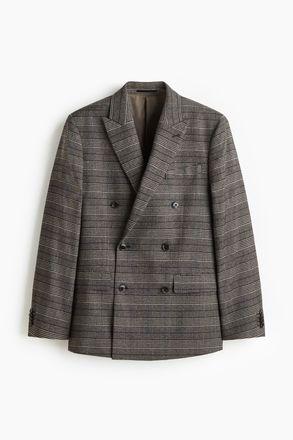 H&M Zweireihiges Jackett aus Wollmix in Regular Fit - Grau/Beige Kariert