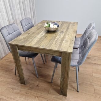 Kosy Koala Dining Table & 4 Chairs Set - Rustic Effect Wood Table With 4 Grey Velvet Chairs Dining Set in Brown